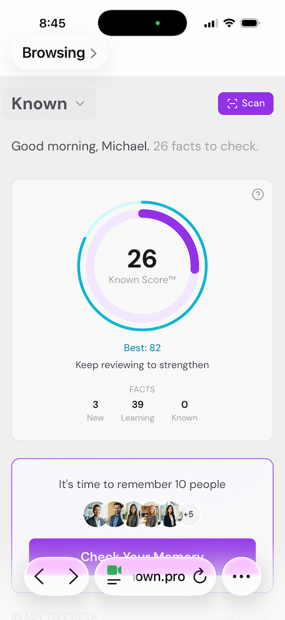 Known app — home screen with Scan button