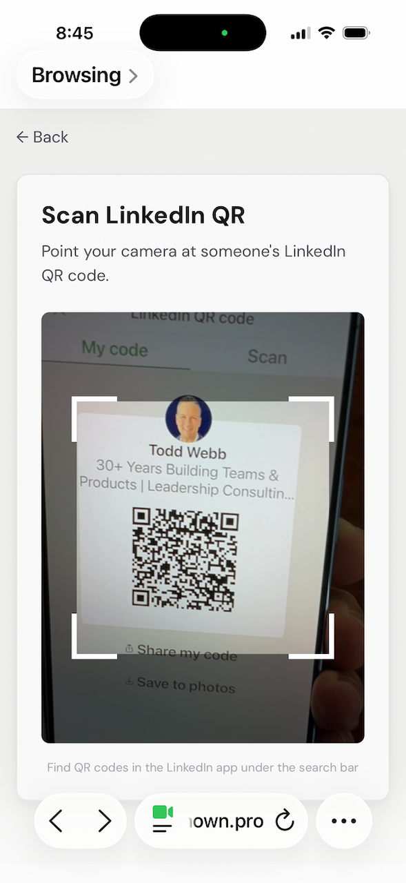 Known app — scanning a LinkedIn QR code