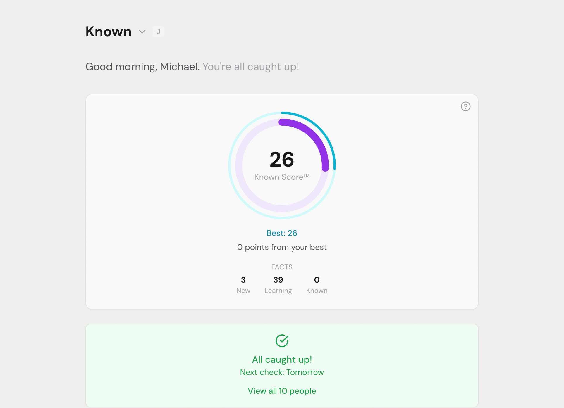 Known app — home screen after memory check