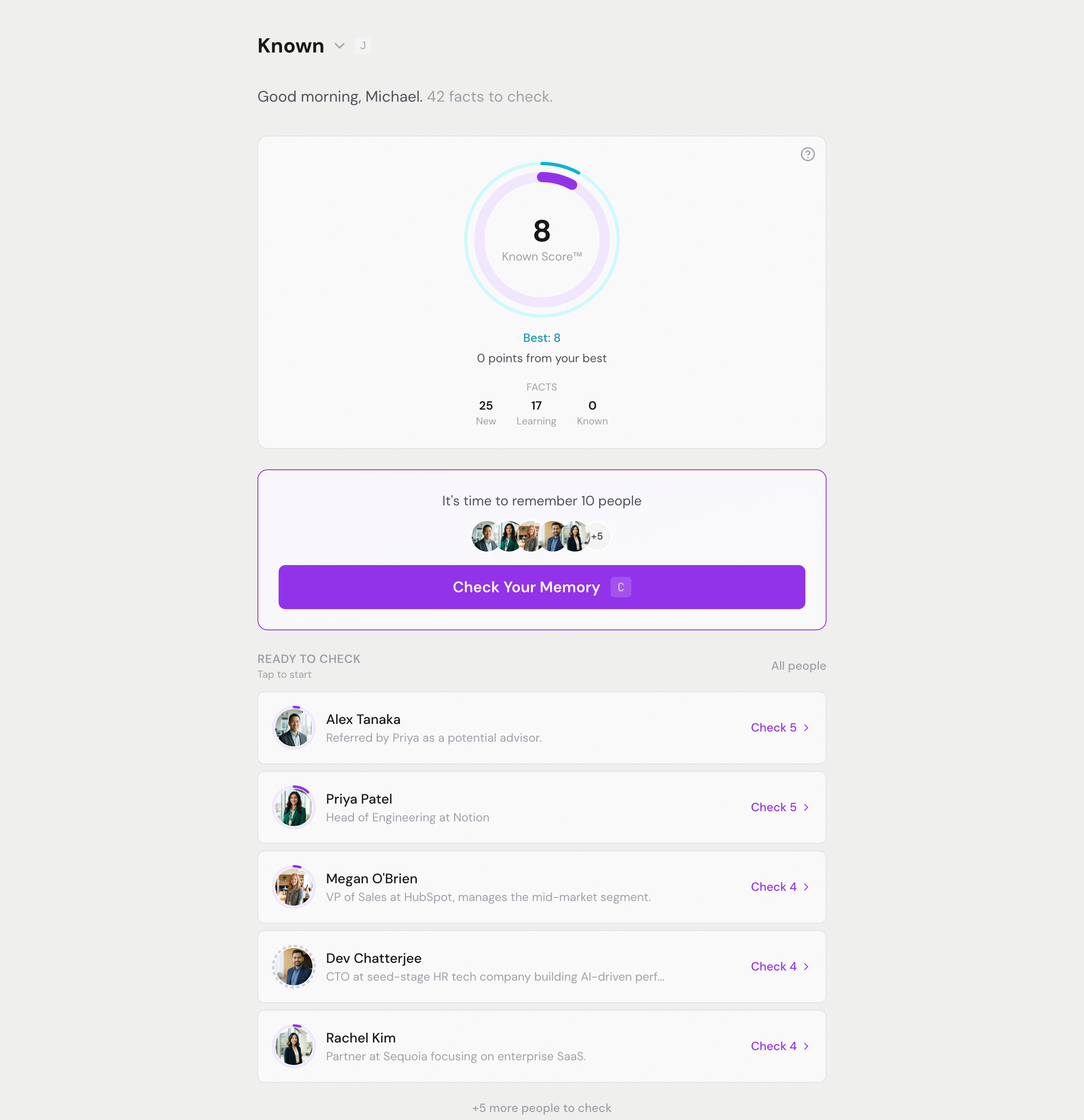Known app — your daily memory check dashboard