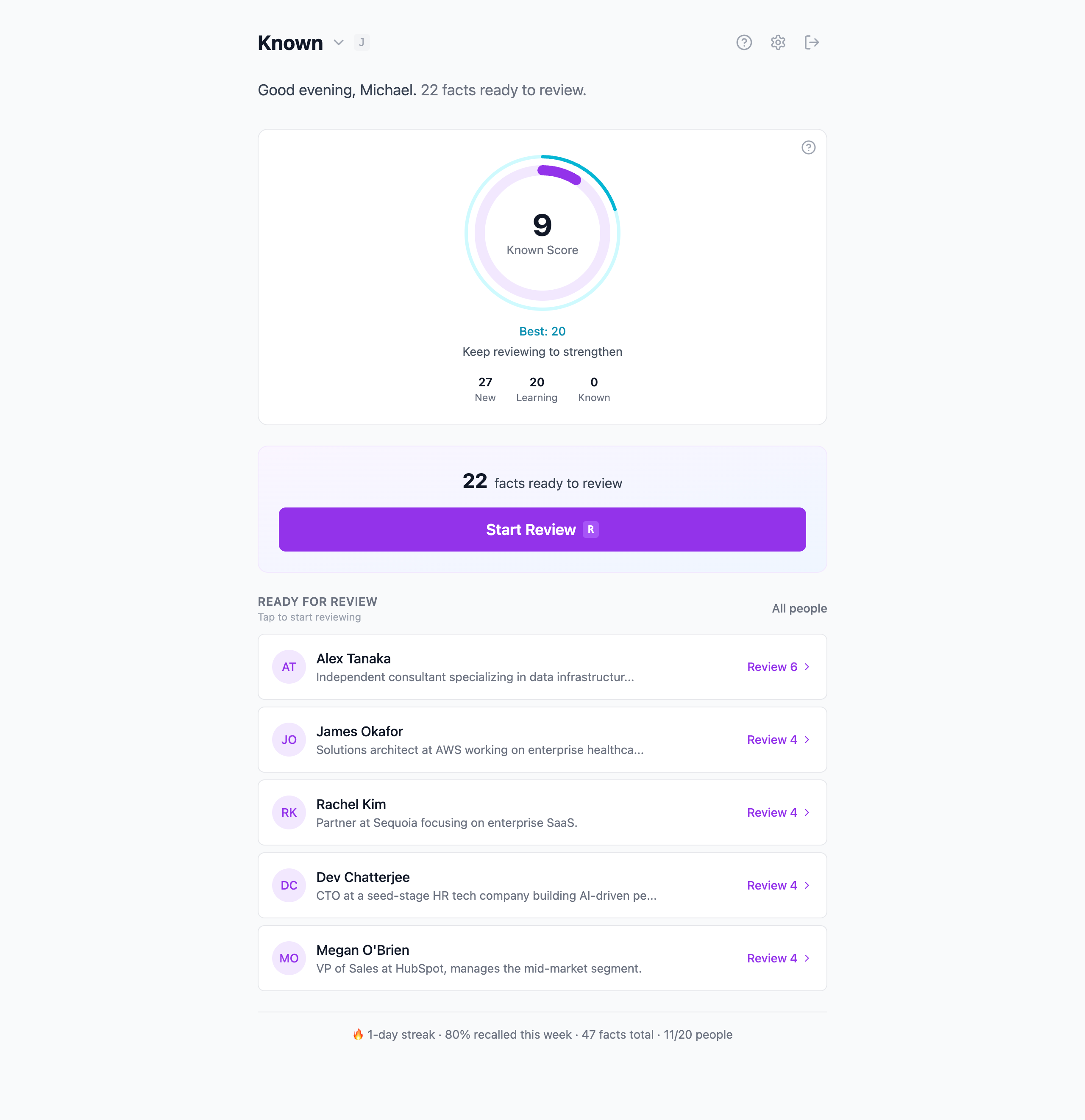 Known app — home screen showing your Known Score and people ready for review