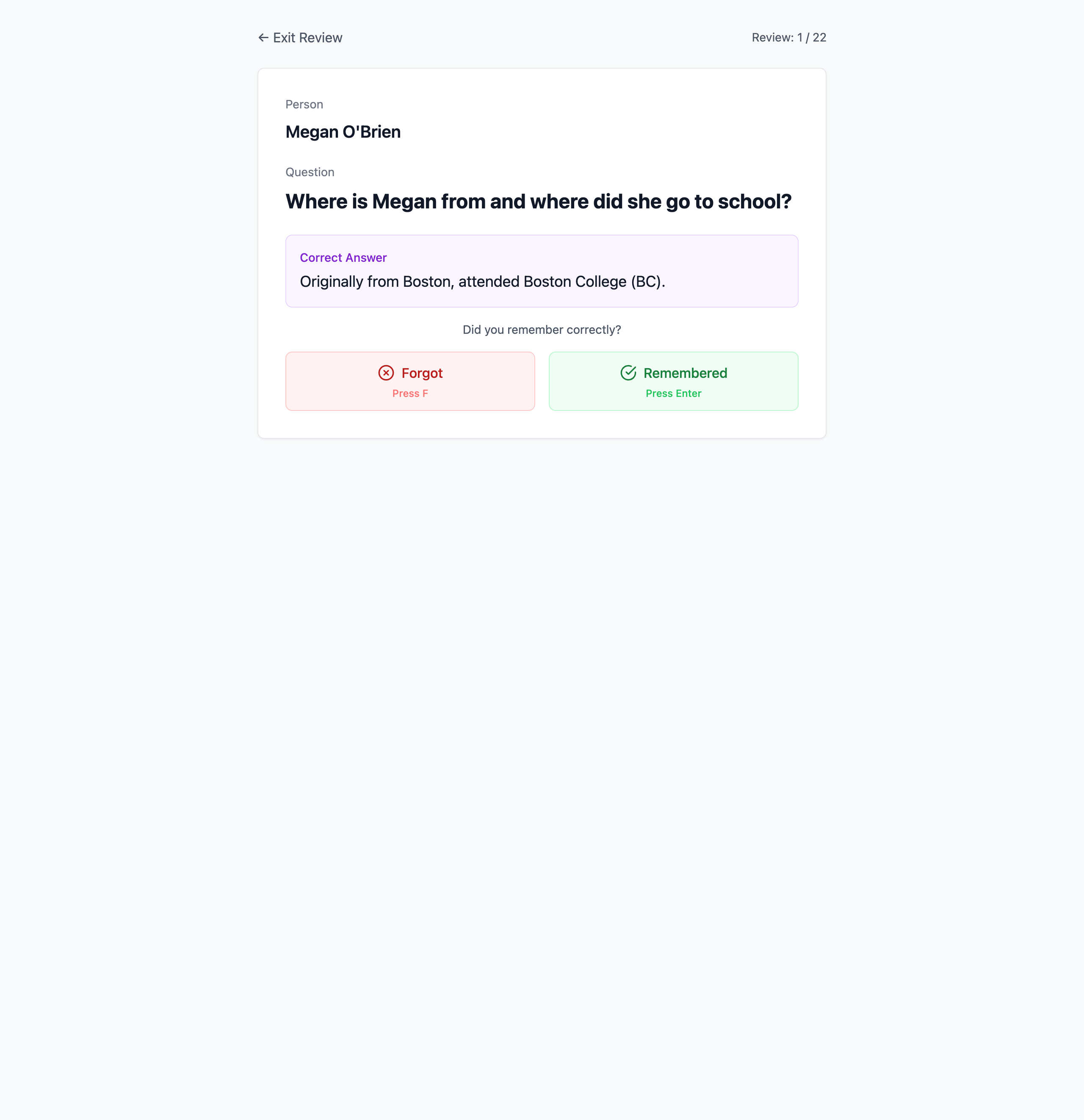 Known app — review screen with active recall question